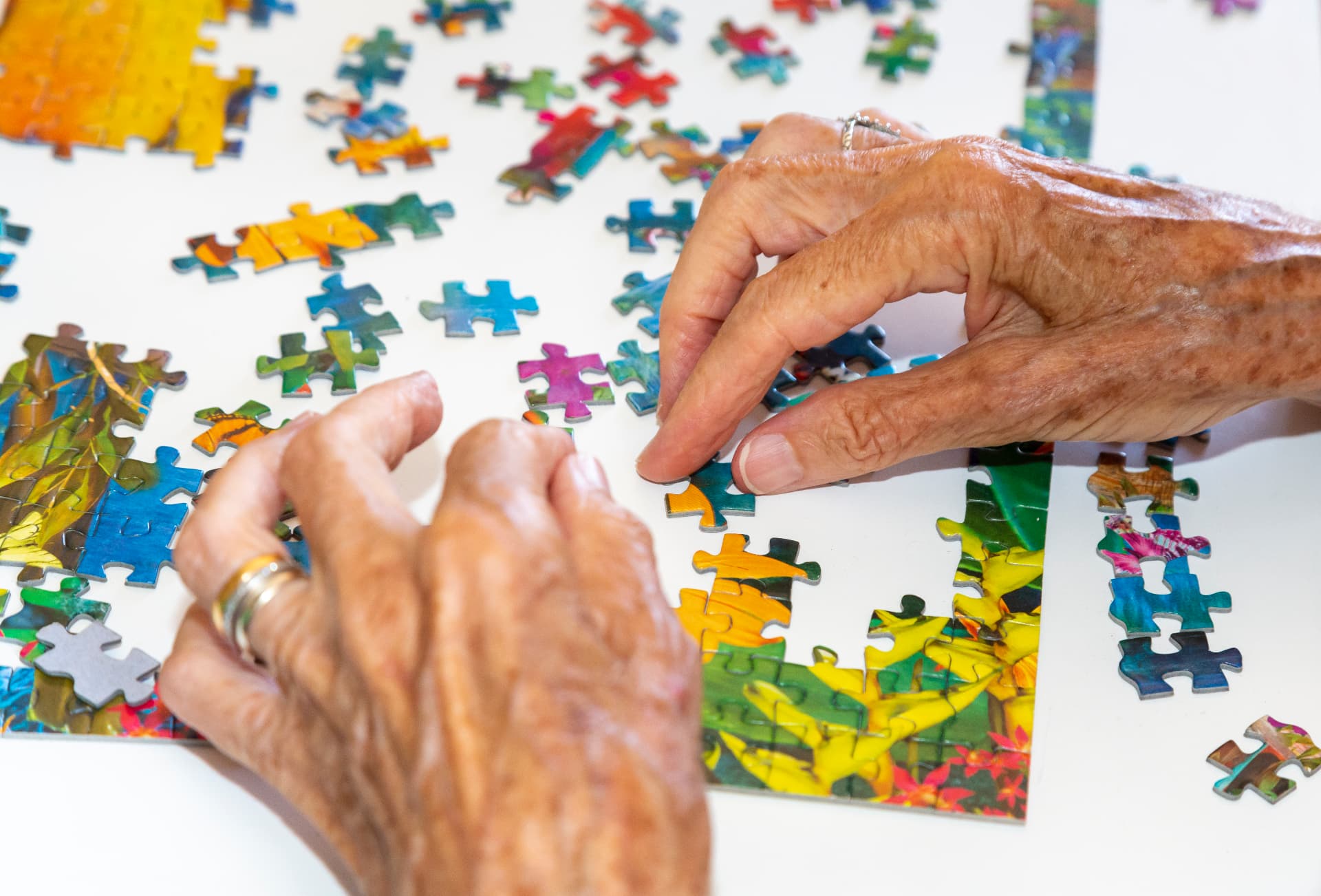 Hands piecing together a colourful jigsaw puzzle